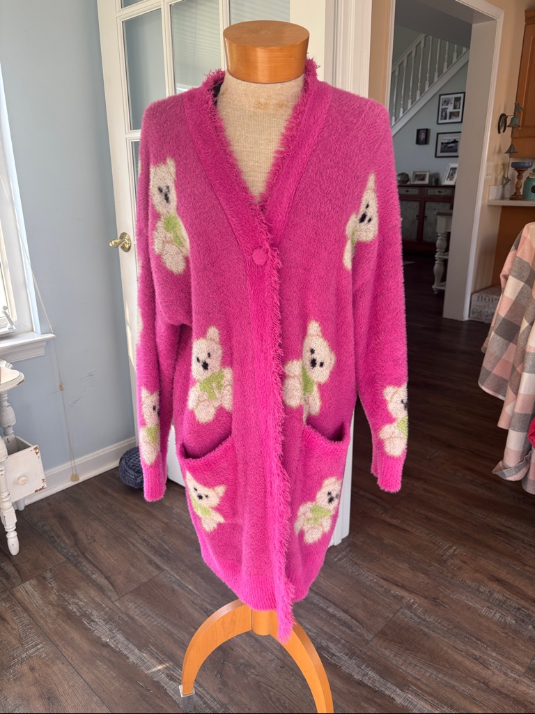 Forever 21 Hot Pink Fuzzy Teddy Bear Cardigan